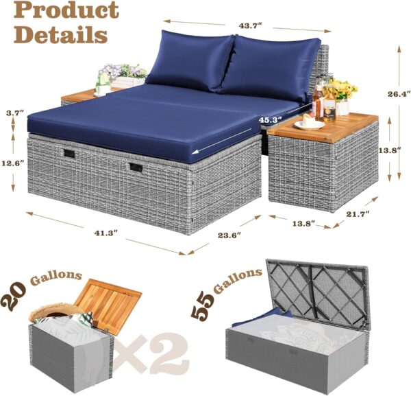 Flamaker Outdoor Rattan Lounge Chair with 2 Side Tables, Multifunctional Outdoor Patio Daybed with Footrest, Cushions, Storage Ottoman,Chaise Lounge Chair for Backyard Porch Poolside(Deep Blue) - Image 3