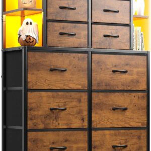 EnHomee Dresser for Bedroom with LED Lights, 12 Drawers Bedroom Dresser, Dresser and Tall Dresser with Open Shelves, Fabric Dressers & Chests of Drawers with Sturdy Metal Frame, Rustic Brown