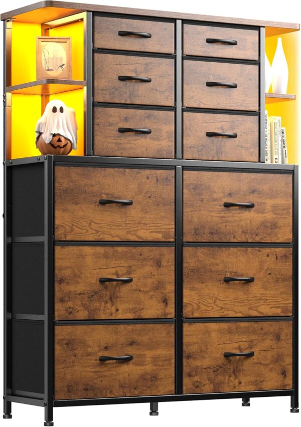 EnHomee Dresser for Bedroom with LED Lights, 12 Drawers Bedroom Dresser, Dresser and Tall Dresser with Open Shelves, Fabric Dressers & Chests of Drawers with Sturdy Metal Frame, Rustic Brown