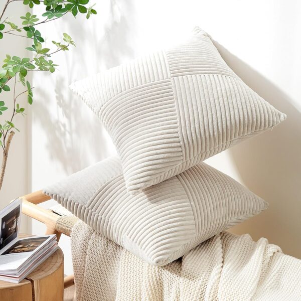 Topfinel Cream White Decorative Neutral Throw Pillow Covers 18x18 Inch for Couch Sofa Bed, Soft Corduroy Striped Patchwork Windmill Textured Square Cushion Covers Set of 2 Spring Boho Home Decor - Image 3