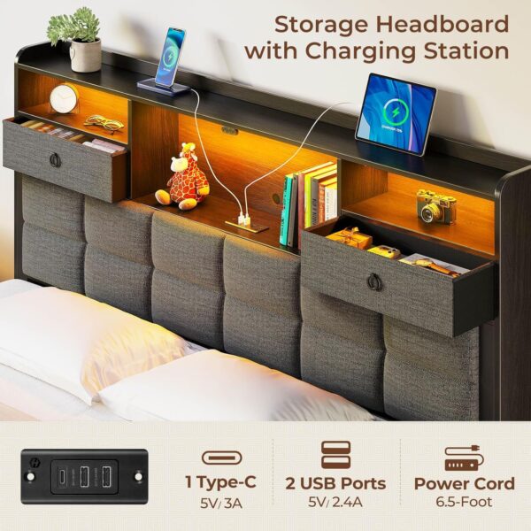 Rolanstar Bed Frame Full Size with Drawers and Charging Station, Upholstered Platform Bed with Storage Headboard and LED Light, Heavy Duty Metal Frame Support, No Box Spring Needed, Noise Free, Grey - Image 5