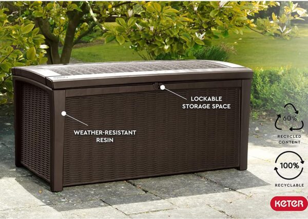 Keter Borneo 416L Storage Box, All-Weather Wicker Rattan-Style Resin Deck Box and Stylish Outdoor Bench with Piston-Assisted Lockable Lid, Brown - Image 7