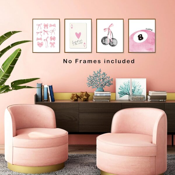 okaxscm Pink Coquette Trendy Preppy Wall Art Prints Set of 4, Coquette Room Decor, Preppy Room Decor Aesthetic, Pink Bow Disco 8 Ball Cherry Wall Decor Posters for Girls Bedroom Dorm, 8x10 Unframed - Image 5