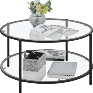 Yaheetech Glass Top Coffee Table, 2 Tier Round Coffee Table for Living Room with Storage Shelf, 36" Modern Glass Center Table for Apartment, Office, Home, Black
