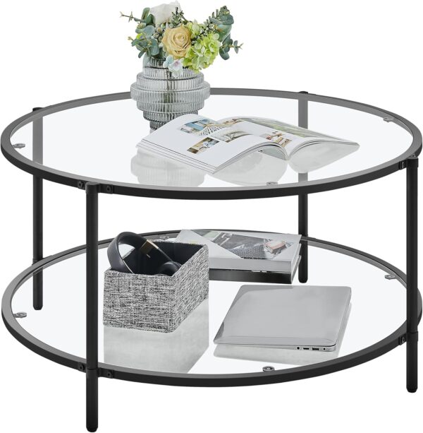 Yaheetech Glass Top Coffee Table, 2 Tier Round Coffee Table for Living Room with Storage Shelf, 36" Modern Glass Center Table for Apartment, Office, Home, Black