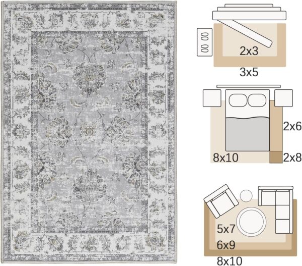 jinchan Area Rug 9x12 Washable Living Room Rug - Floral Print Vintage Large Rug Indoor Distressed Stain Resistant - Boho Carpet Thin Rug Bedroom Dining Room Office Farmhouse Grey - Image 2