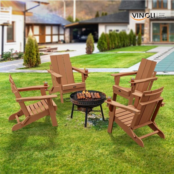 VINGLI Oversized Plastic Folding Adirondack Chairs Set of 4 with Cup Holder, Waterproof HDPE Outdoor Fire Pit Chairs for Patio, Pool, Bonfire, Capacity 400LBS, Teak - Image 7