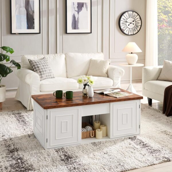 Lift Top Coffee Table with Storage, 48" Rustic Center Table with Hidden Storage Compartment and 2 Cabinet, White Coffee Table Converts to Dining Table for Living Room, Office - Image 6