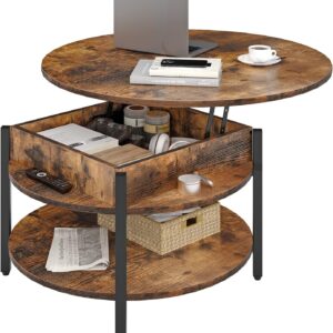 FABATO Round Lift Top Coffee Table for Living Room, 35.43'' Round Coffee Table with Storage and Hidden Compartment, 2 Tier Large Farmhouse Coffee Table Round Dining Table, Rustic Brown