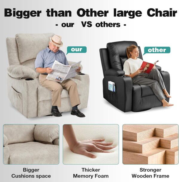 Massage Recliner Chair for Adults 360°Swivel Rocker Recliner Chair with 8Point Massage and Heat, Oversized Soft Fabric Recliner Chair for Living Room Home Theater Reclining Sofa Chair Beige - Image 4