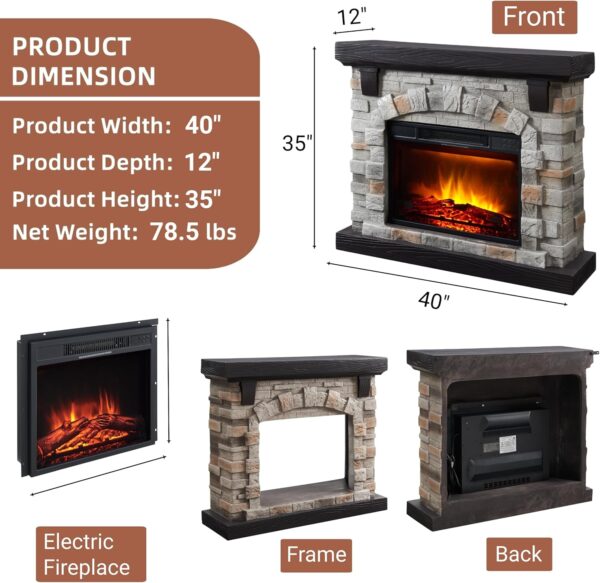 Electric Fireplace with Mantel, 40”W Faux-Stone Fireplace Mantel，Tall Fire Place Heater Freestanding with LED Flame for Living Room Bedroom, 40”Wx12”Dx35”H, Gray - Image 6