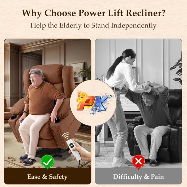 Large-Wide Power Lift Recliner Chair for Elderly, Big and Tall, Heat and Massage, Lift Chairs Recliners with Extended Footrest (Faux Leather, Light Brown) - Image 3