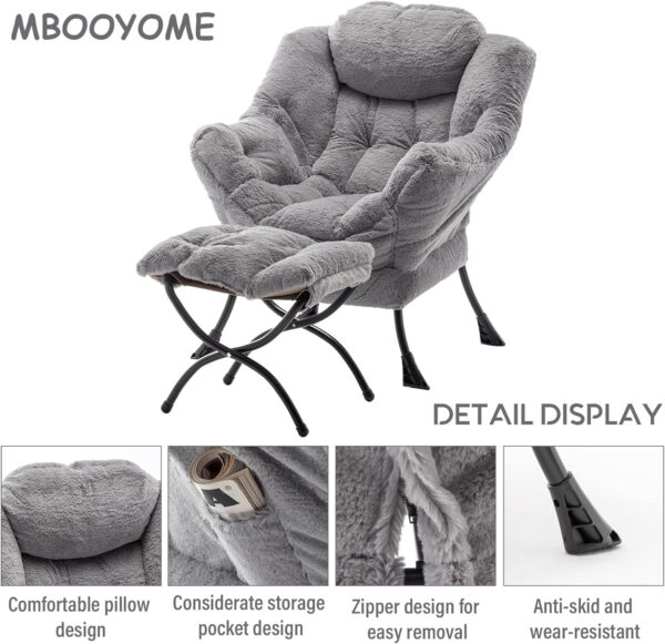 Lazy Chair with Ottoman, Modern Soft Reading Chair Accent Contemporary Lounge Leisure Sofa Chair with Armrests and a Side Pocket for Living Room, Bedroom, Dorm & Office, Plush Grey - Image 6