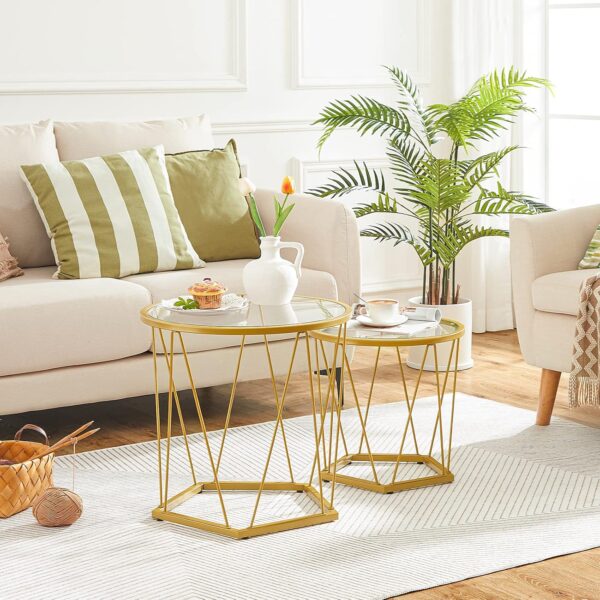 HOOBRO Small Coffee Table Set of 2, Round Coffee End Table with Metal Frame, Glass Top, Gold Side Table for Living Room, Bedroom and Balcony, Modern Style, Gold GD79BZ01 - Image 3