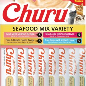 INABA Churu Cat Treats, Grain-Free, Lickable, Squeezable Creamy Purée Cat Treat/Topper with Vitamin E & Taurine, 0.5 Ounces Each Tube, 20 Tubes, Seafood Variety Box