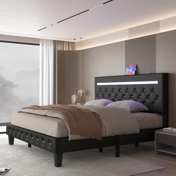 Full Size Bed Frame with LED Lights, Upholstered Platform Bed Frame with Adjustable Headboard and Charging Station, Wooden Slats Support, Easy Assembly, No Box Spring Needed, Black