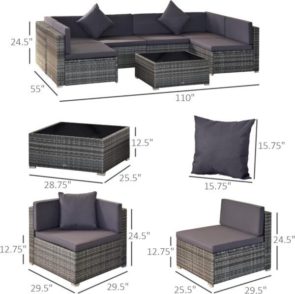 Outsunny 7-Piece Patio Furniture Sets Outdoor Wicker Conversation Sets All Weather PE Rattan Sectional Sofa Set with Cushions & Tempered Glass Desktop, Grey - Image 3