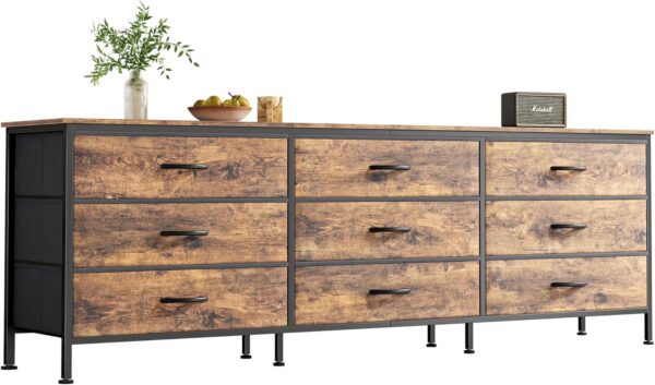 9 Drawer Dresser, 63 Inch Dresser TV Stand for 55, 65, 70 Inch TV, Entertainment Center with Drawers, Large Long Fabric Dresser for Bedroom, Closet, Rustic Brown,8730Z