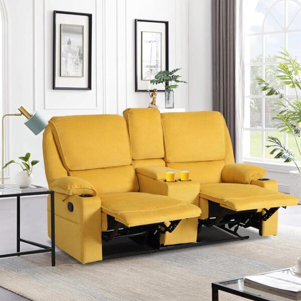 KIGOTY Reclining Sofa, 2 Seater Manual Recliner Sofa with Cup Holders, Manual Reclining Loveseat Home Theater Seating Sofa Couch Sets for Living Room,Lemon Yellow - Image 7