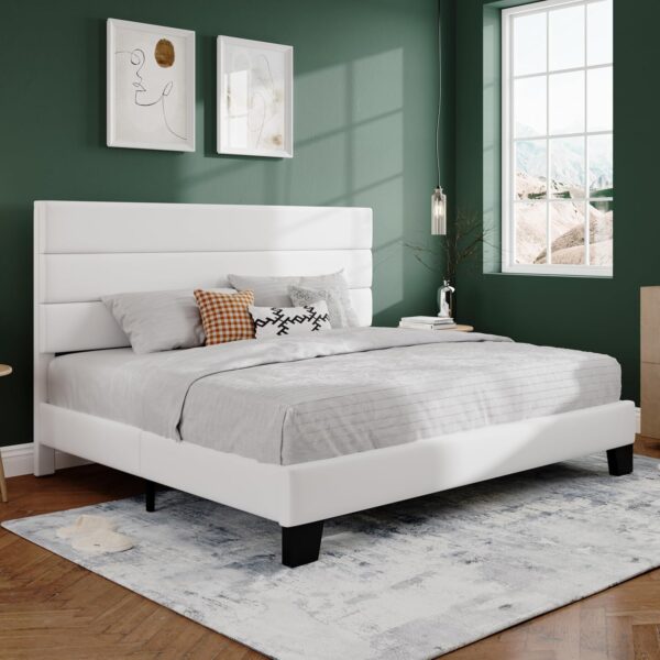 SHA CERLIN King Platform Bed Frame with Velvet Upholstered Headboard, Mattress Foundation with Strong Wooden Slats Support, No Box Spring Needed, White - Image 3