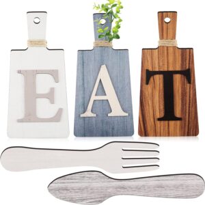 Jetec Rustic Primitive Country Farmhouse Kitchen Decorative Cutting Board with Eat Sign, Hanging Art, and Fork and Spoon Wall Decor in Gray, White, and Brown