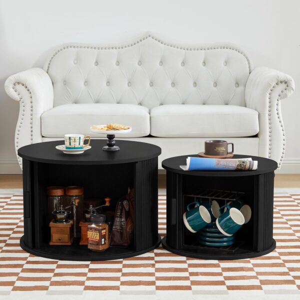 Coffee Table, Modern Round Coffee Table Set of 2 with Storage Compartment and Sliding Door, Side End Accent Table for Living Room, Bedroom, Apartment, Office (Black) - Image 4