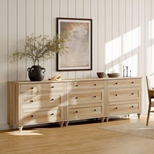 WAMPAT Dresser for Bedroom with 9 Drawers, Oak Kids Dressers with Wide Chest of Drawers, Mid Century Modern Wooden Closet Storage Organizer, Large Wood Dressers for Living Room, Nursery, Hallway