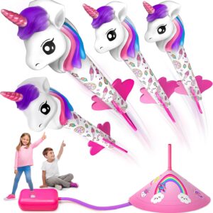 beefunni Unicorn Rocket Launcher for Kids, 4 Unicorn Outdoor Toys for Girls, Christmas Birthday Unicorn Gifts for Girls Ages 2 3 4 5 6 7 8 Years Old, Fun Unicorn Toys for Kids Ages 2-4-6 Years Old