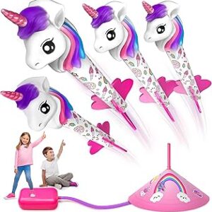 beefunni Unicorn Rocket Launcher for Kids, 4 Unicorn Outdoor Toys for Girls, Christmas Birthday Unicorn Gifts for Girls Ages 2 3 4 5 6 7 8 Years Old, Fun Unicorn Toys for Kids Ages 2-4-6 Years Old