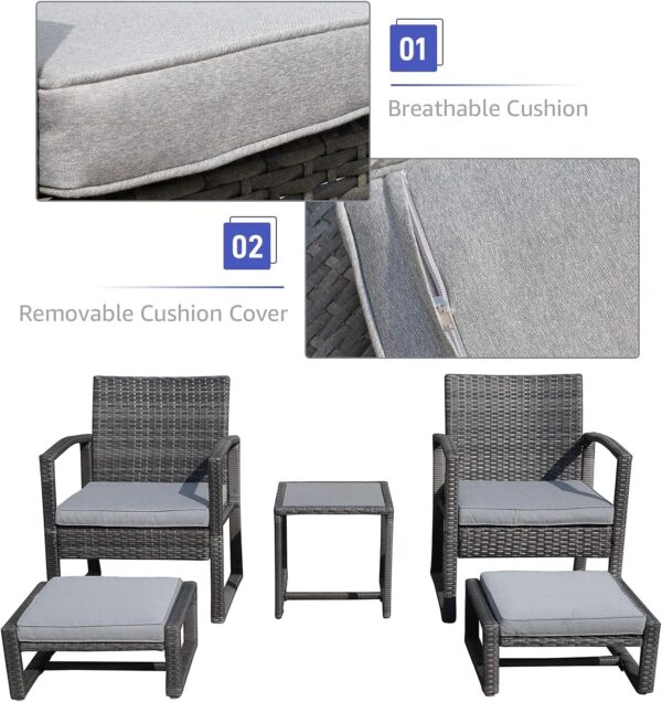 Patiorama 5 Piece Outdoor Patio Wicker Furniture Set, All Weather PE Rattan Chair and Ottoman Footstool Set, W/Coffee Table, Cushions (Light Grey) for Garden, Balcony, Porch, Space Saving Design - Image 5