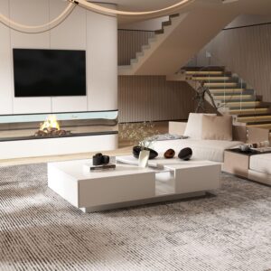 MOUMON Modern Coffee Table with Lights & Glass Tabletop, Living Room Coffee Table with 2 Drawers, Central Table with Storage, White (55.1”W x 31.5”D x 11.8”H)