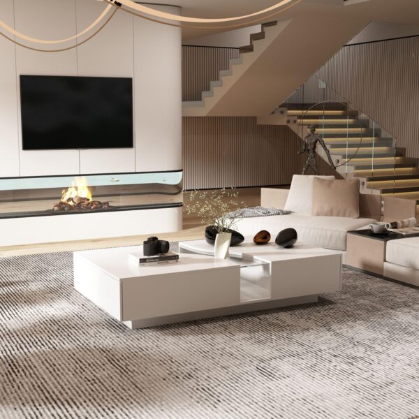 MOUMON Modern Coffee Table with Lights & Glass Tabletop, Living Room Coffee Table with 2 Drawers, Central Table with Storage, White (55.1”W x 31.5”D x 11.8”H)