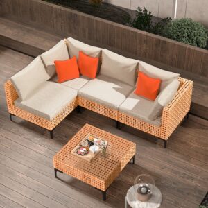 5 Piece Outdoor Patio Furniture Set Modular Outdoor Furniture Set Wicker Outdoor Sectional Sofa with Cushions and Tea Table Patio Set for Balcony Porch Deck Yard (Yellow Wicker, Beige Cushion)