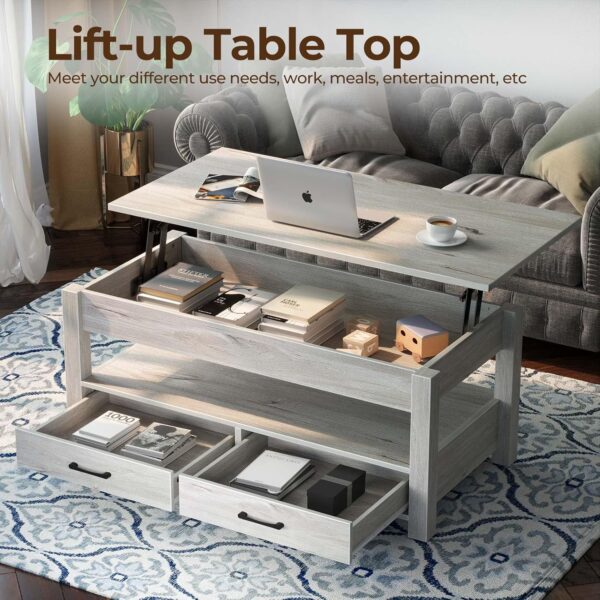 Rolanstar Coffee Table, Lift Top Coffee Table with Drawers and Hidden Compartment, Living Room Table with Wooden Lift Tabletop, for Living Room, Grey - Image 4