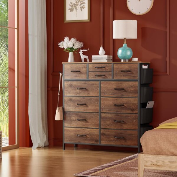 Lulive Dresser for Bedroom with 12 Drawers, Tall Dresser Chest of Drawers with Side Pockets and Hooks, Fabric Dresser Storage Tower for Closet, Hallway, Living Room (Rustic Brown) - Image 2