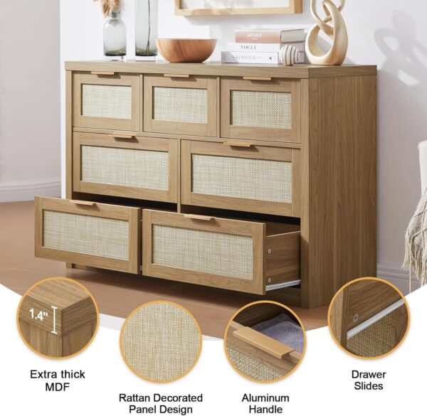 7 Drawer Dresser, Large Dresser for Bedroom, Rattan Chests of Drawers with Metal Handle and Wide Drawers, Wood Dressers Organizer TV Stand, 52.76" W x 17.72" D x 31.69" H - Image 4