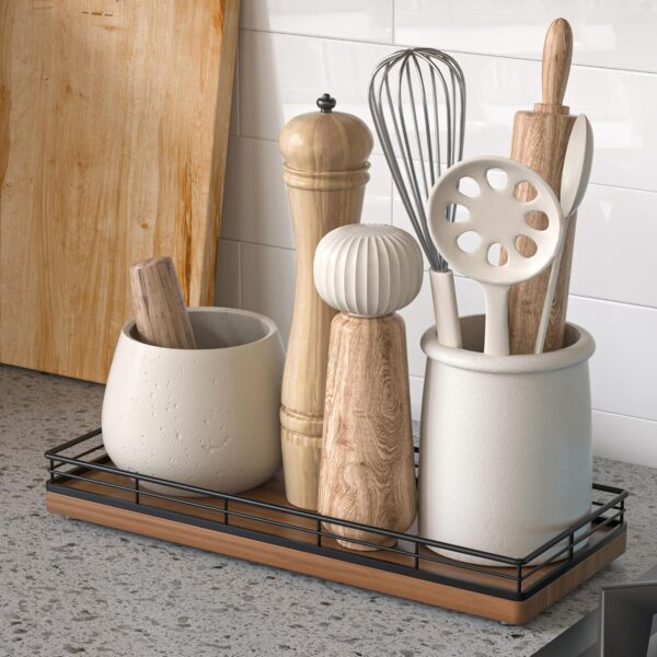 Oak Wooden Kitchen Soap Tray, 11" Sink Countertop Soap Dispenser Sponge Holder, Spice Salt and Pepper Organizer for Dining Room Decorative Perfume Jewelry Tray Coffee Table Centerpieces Decor Walnut - Image 3