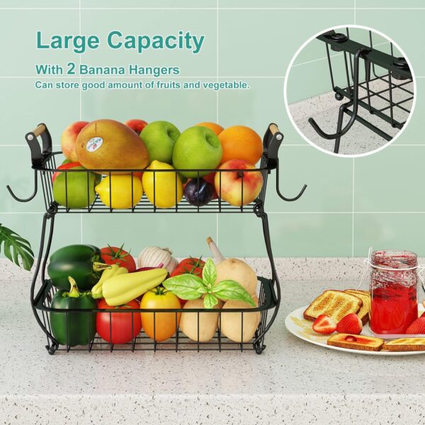 ANTOPY 2 Tier Fruit Basket with 2 Banana Hangers, Countertop Fruit Vegetable Basket Bowl for Kitchen Counter Metal Wire Storage Basket Fruits Stand Holder Organizer for Bread Snack Veggies Produce - Image 2