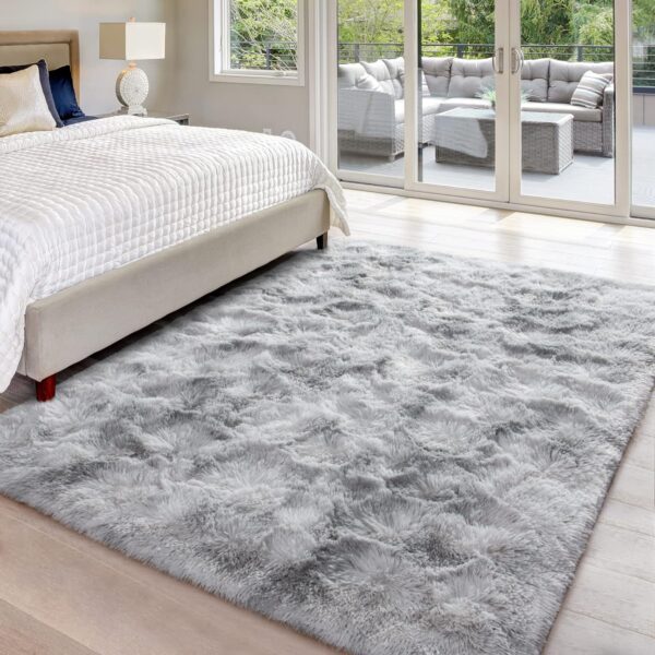 Hutha 5x8 Large Area Rugs for Living Room, Super Soft Fluffy Modern Bedroom Rug, Tie-Dyed Light Grey Indoor Shag Fuzzy Carpets for Girls Kids Nursery Room Home Decor - Image 3