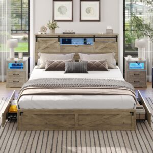 Hasuit Farmhouse Bed Frame California King Size with LED Lights and Charging Station, Wooden Cal King Bed with 2 Storage Drawers, Rustic Headboard with Sliding Barn Door Storage Cabinets, Rustic Oak
