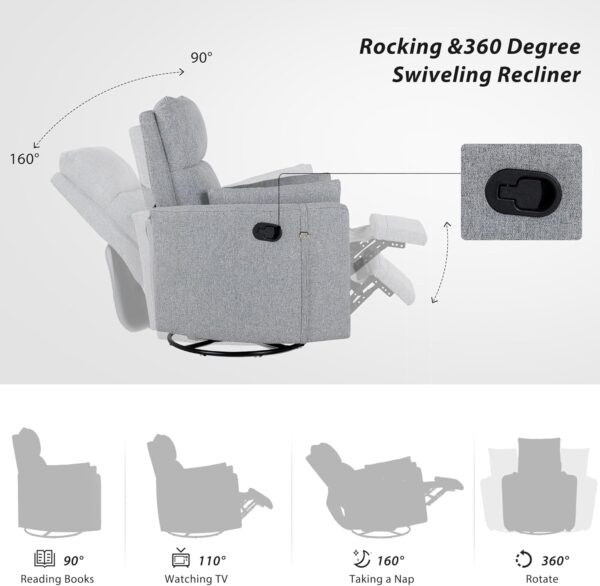Rocking and Swiveling Recliner Chair with Detachable Pillows and Extended Footrest,Curved Ergonomic Armrests Linen Fabric and Iron Frame,Dark Gray - Image 5