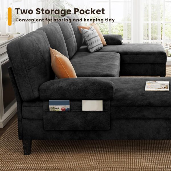 KKL Convertible Sectional Sofa Couch, 4 Seat Sofa Set for Living Room, 112 Inch U Shaped Modern Modular Sofa, Couch with Double Chaise, Chenille, Black - Image 4