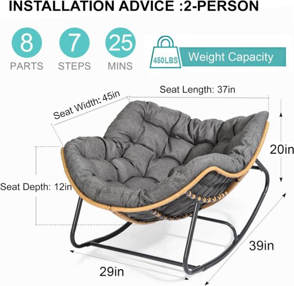 SWITTE Outdoor Rocking Chair, Patio Egg Rocking Chair, Indoor Papasan Chair, Rattan Wicker Lounge Chair, Modern Royal Chair for Bedroom, Living Room, Porch, Garden, Lawn-Dark Grey - Image 2