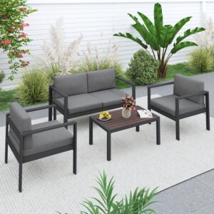 Aluminum Patio Furniture Set 4 Pcs Outdoor Couch with Coffee Table Patio Conversation Sets Loveseat Patio Sectional Chat Sofa with Cushions for Lawn, Garden,Balcony,Backyard and Deck-Silver