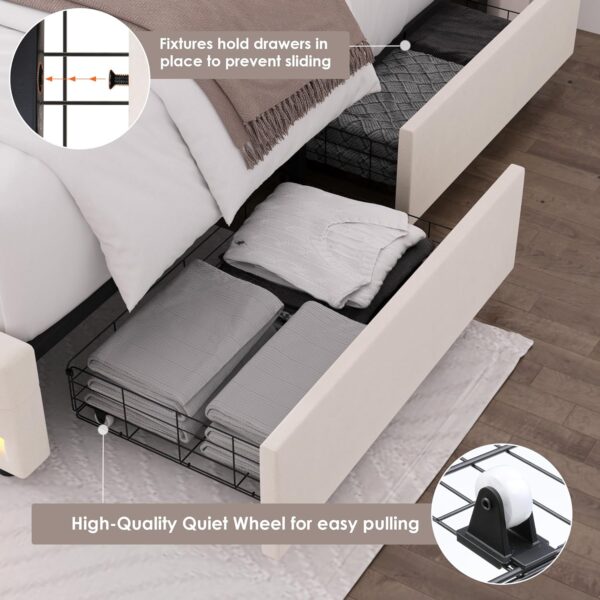 HIFIT Queen LED Bed Frame with Charging Station and 4 Storage Drawers, Velvet Upholstered Platform Bed with Handcrafted Crystal Button Wingback Headboard, Metal Frame with No Box Spring Needed, Beige - Image 7