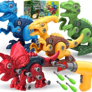 Dinosaur Toys for 3, 4, 5, 6, 7 Year Old Boys, Take Apart Toys with Electric Drill for Kids, STEM Educational Construction Building Toys, Ideal Xmas Birthday Gift, Incl Tyrannosaurus Rex Triceratop