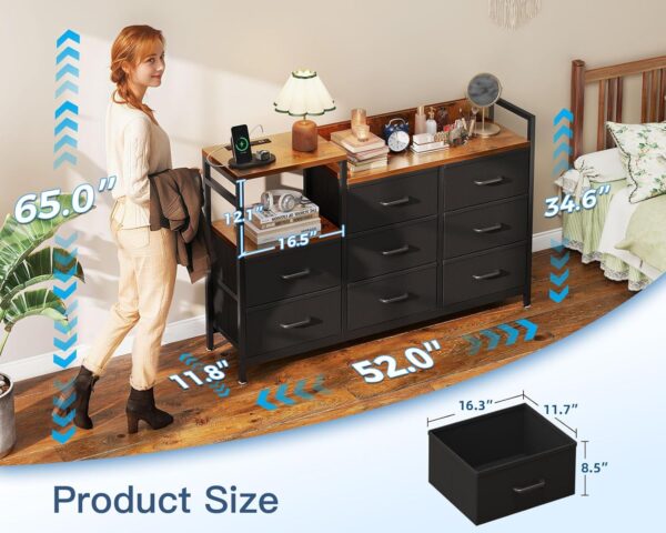 Casaottima Dresser for Bedroom with Charging Station, 52" Long Dresser with 8 Storage Drawers, Large Fabric Dressers Chests of Drawers with Shelves, Black and Vintage - Image 3
