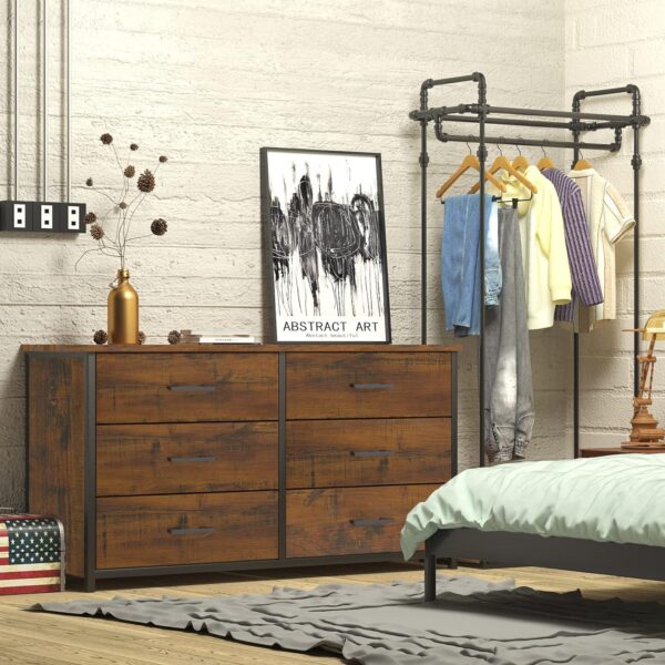 IKENO 6 Drawer Double Dresser, Industrial Wood Dresser for Bedroom, Storage Cabinet with Sturdy Steel Frame - Image 2