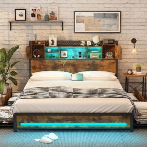 LED Bed Frame Full Size with Storage Headboard & 4 Storage Drawers, Full Bed Frame with Outlets and USB Ports, Metal Platform Bed Full with LED Lights, No Box Spring Needed, Vintage Brown