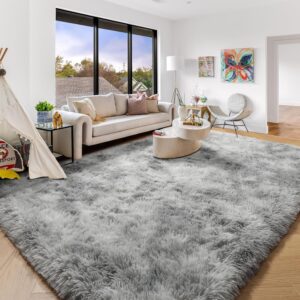 Amdrebio Tie-Dyed Light Grey Large Living Room Rugs 6x9, Furry Shag Area Rug for Bedroom, Big Soft Fluffy Rug for Kids Room Decor, Modern Fuzzy Shaggy Carpet, Plush Floor Rug for Classroom